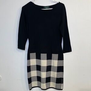 NWT Lauren Ralph Lauren Women's Black Ivory Sweater Dress 3/4 Sleeve Size Small